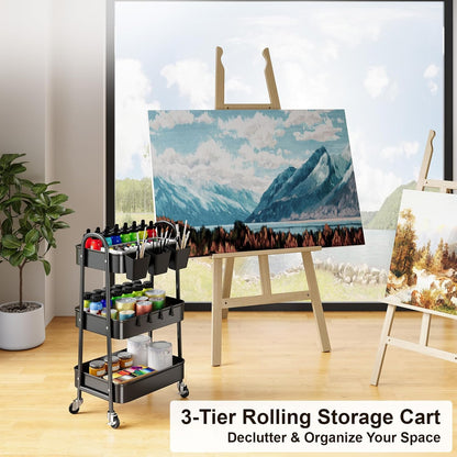 3 Tier Heavy Duty White Metal Rolling Cart with Lockable Wheels, Three Tier Roller Book Snack Cart, Utility Storage Organizer Carts for Kitchen, Bathroom, Garage, Baby Diaper, Craft, Art, Teacher