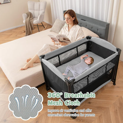 HONEY JOY Pack and Play, 5 in 1 Portable Infant Playpen with Bassinet & Changing Table, Storage Bag, Music Box, Toys, Carry Bag, Nursery Center, Baby Playard Pack n Play Crib for Boys Girls