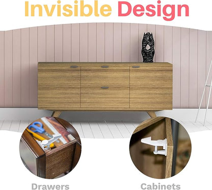 Inaya 16-Pack Cabinet Locks (Standard Length), Child Safety Latches - Baby Proofing Cabinets and Drawer Locks - 3M Adhesive - No Drilling & No Tools Required - Child Proof Your Home