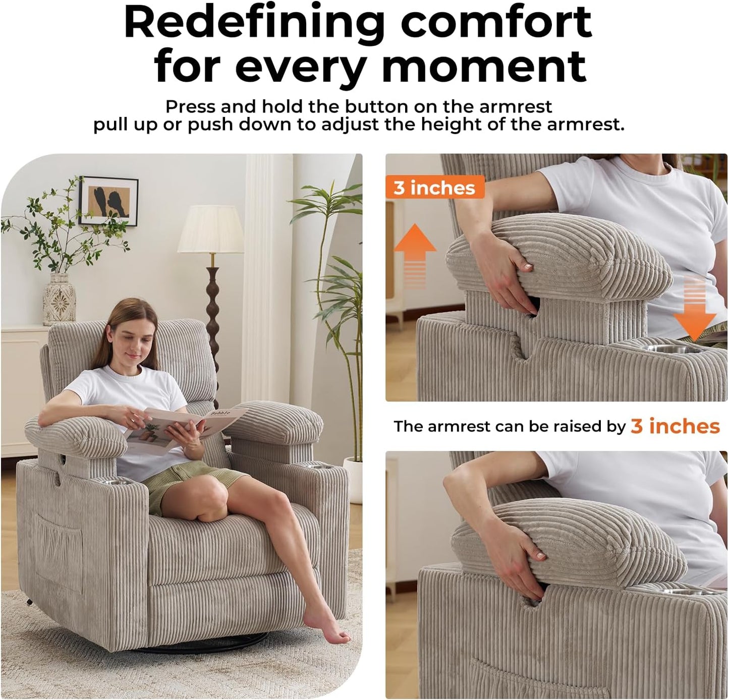 Rocking Chair Nursery with Adjustable Armrests, Electric Glider Recliner Nursing Chair for Breastfeeding, Power Swivel Recliner Chairs with Massage and Heat, Adjustable Headrest , FSC Certified, White