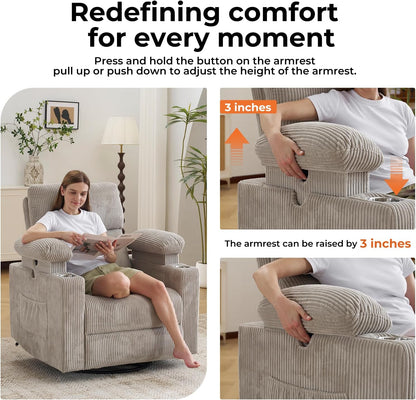 Rocking Chair Nursery with Adjustable Armrests, Electric Glider Recliner Nursing Chair for Breastfeeding, Power Swivel Recliner Chairs with Massage and Heat, Adjustable Headrest , FSC Certified, White
