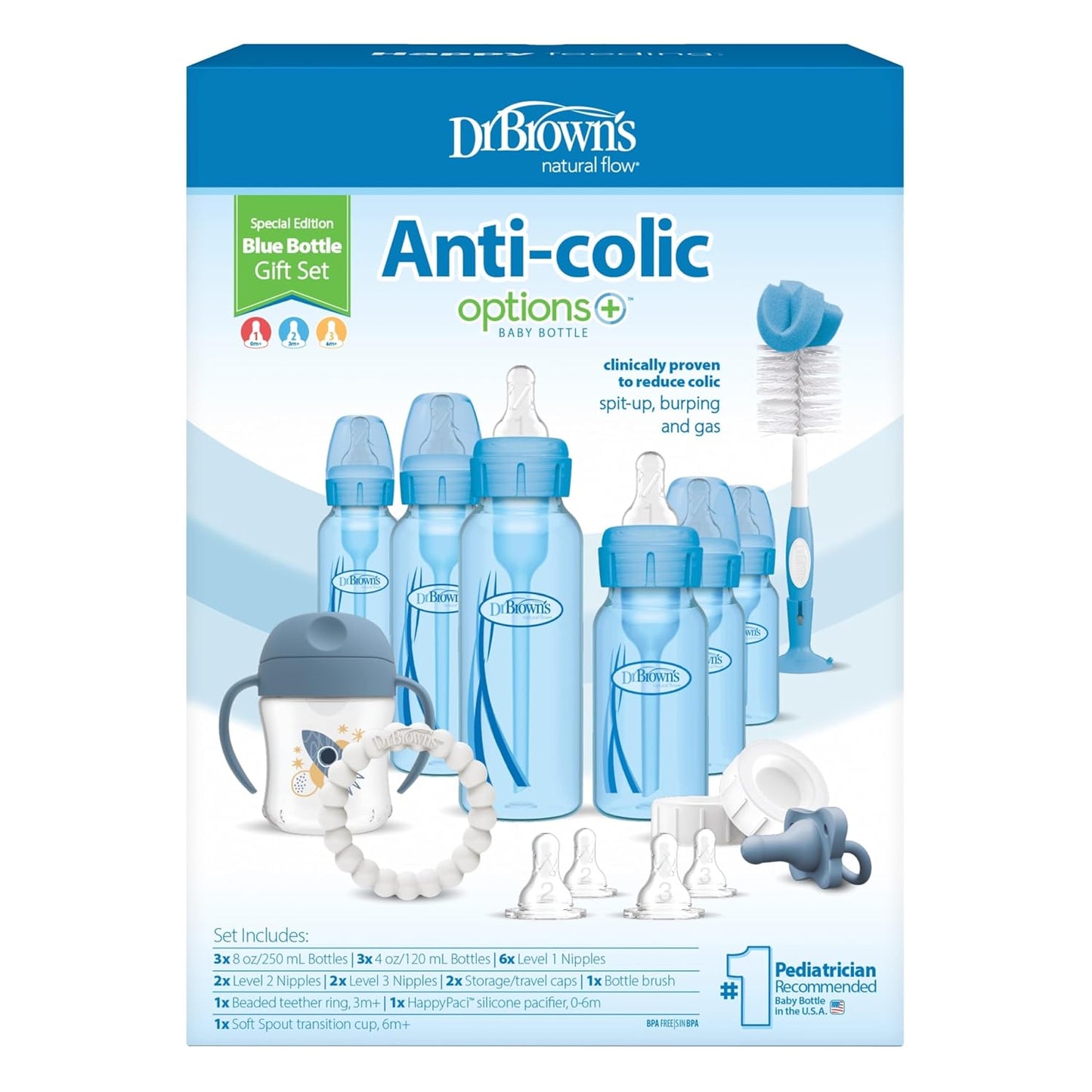 Dr. Brown's Anti-Colic Options + Narrow Bottle to Sippy Gift Set with Soft Silicone Sippy Spout, Removable Silicone Handles, Travel Cap and Bottle Brush (Packaging/Brush Color May Vary)
