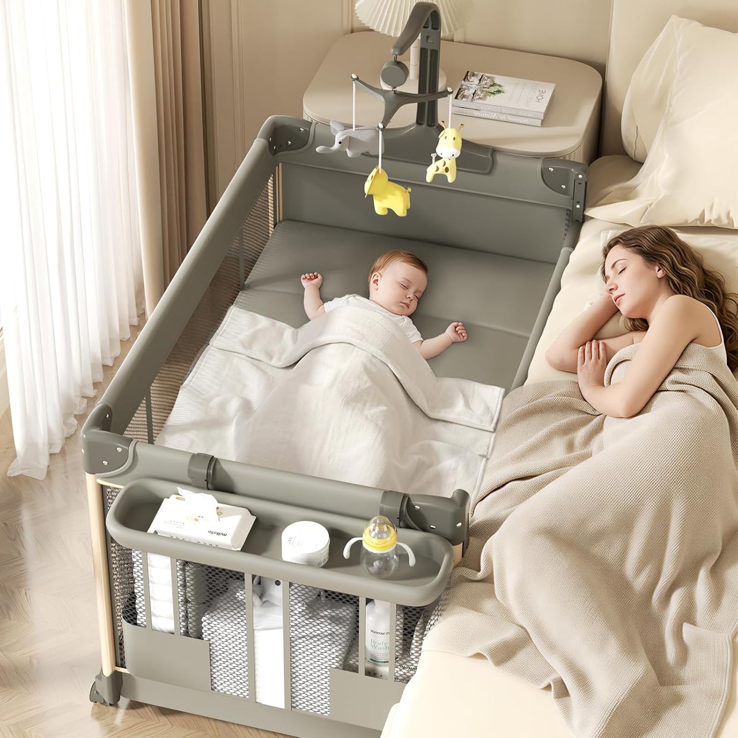 4-in-1 Pack and Play with Bassinet, Bedside Sleeper, Playard, and Changing Table, Folding Travel Crib with Musical Toy Rack & Bag, 4-Level Height Adjust, Newborn to Toddler（Ivy Gray）