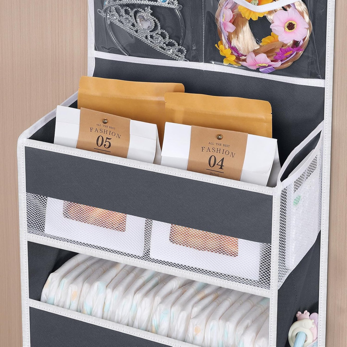Univivi Over The Door Organizer, 5 Shelf Door Hanging Organizer Nursery Door Storage with 4 Large Compartments and 2 Small PVC Pockets 6 Side Pockets for Bathroom,Cosmetics and Nursery Baby Essential