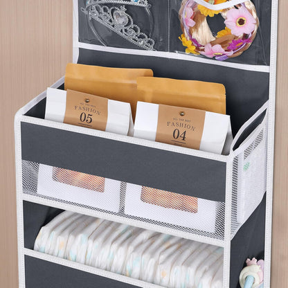 Univivi Over The Door Organizer, 5 Shelf Door Hanging Organizer Nursery Door Storage with 4 Large Compartments and 2 Small PVC Pockets 6 Side Pockets for Bathroom,Cosmetics and Nursery Baby Essential