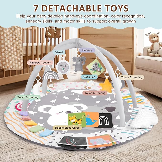Baby Play Gym & Activity Mat, Tummy Time Mat with Cloud Toy, 7 Detachable Sensory Toys and Educational Cards for Motor Skills & Sensory Development, Baby Essentials Shower Gift, Grey Koala