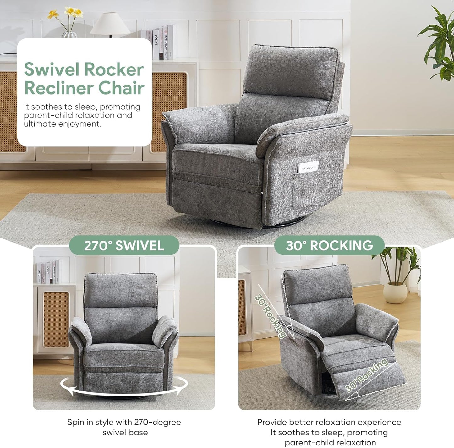 Oversized Swivel Rocker Recliner with Adjustable Headrest, Rocking Chair Nursery with Overstuffed Armrest, Manual Rocker Recliner Nursery Chair for Living Room, White