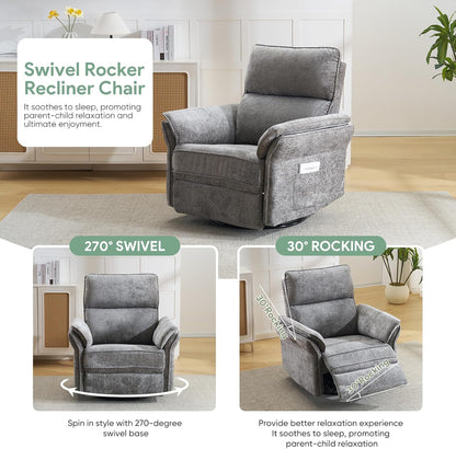 Oversized Swivel Rocker Recliner with Adjustable Headrest, Rocking Chair Nursery with Overstuffed Armrest, Manual Rocker Recliner Nursery Chair for Living Room, White