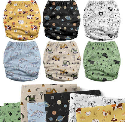 Mama Koala 3.0 Pocket Cloth Diapers for Babies with AWJ Lining, 6 Pack with 6 4-Layer Natural Cloth Diaper Inserts - Reusable and Washable Pocket Diapers(Hardworking Bees) - Colors B