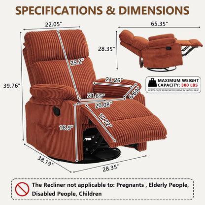 Manual Small Recliner Rocking Chair for Nursery/Relaxation, Corduroy Swivel Glider Recliner for Living Room Bedroom, Brown Rocking Chair Nursery Recliners for Small Spaces, Side Pockets (Brown)