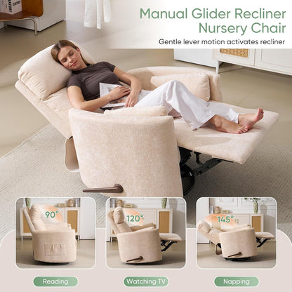 Oversized Swivel Rocker Recliner Chair with Heat and Massage, Rocking Chair with Adjustable Headrest, Manual Recliner, Glider Recliner with 2 Pillows, Chenille White