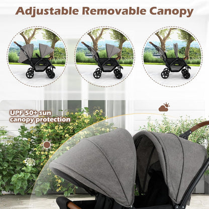 INFANS Double Stroller, Foldable Baby Tandem Stroller with Djustable Backrest Canopy Footrest, 5-Point Harness, Storage Basket, Convertible Compact Twin Stroller for Infants and Toddlers