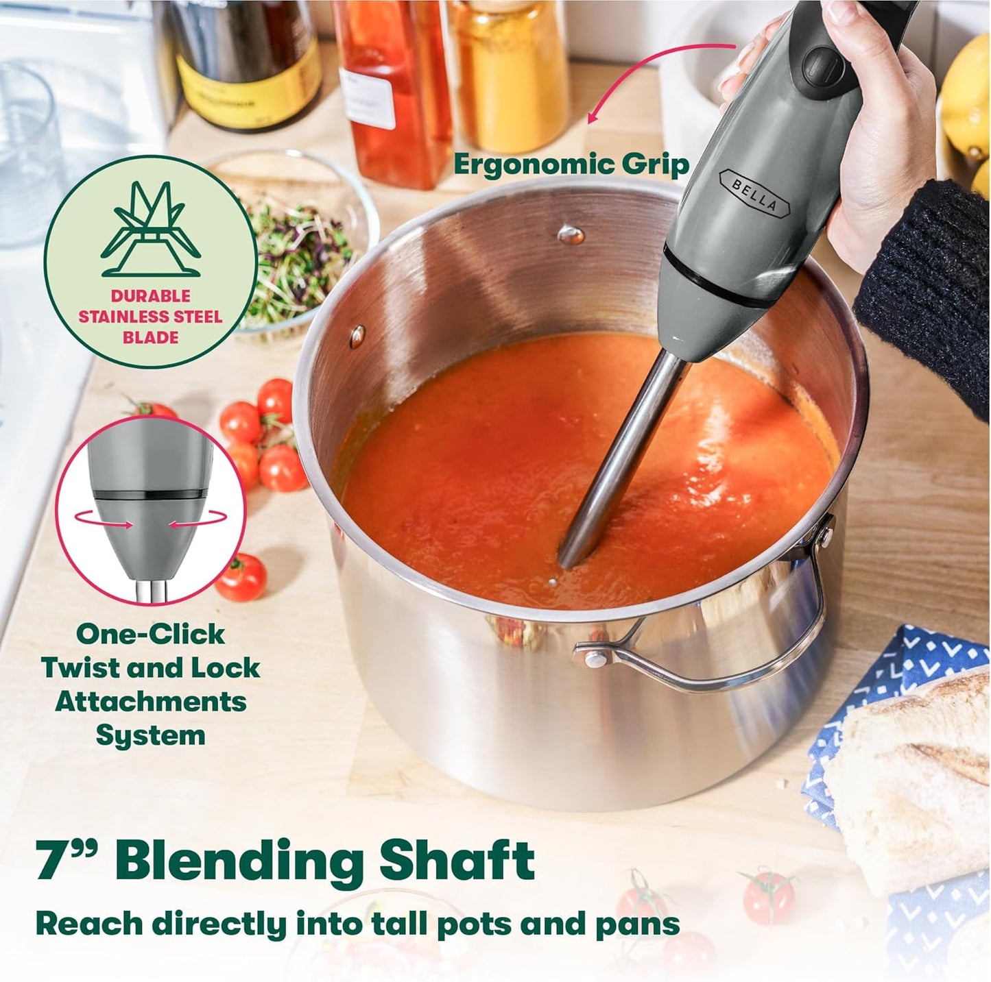 BELLA Immersion Hand Blender, Portable Mixer with Whisk Attachment - Electric Handheld Juicer, Shakes, Baby Food and Smoothie Maker, Stainless Steel, Black