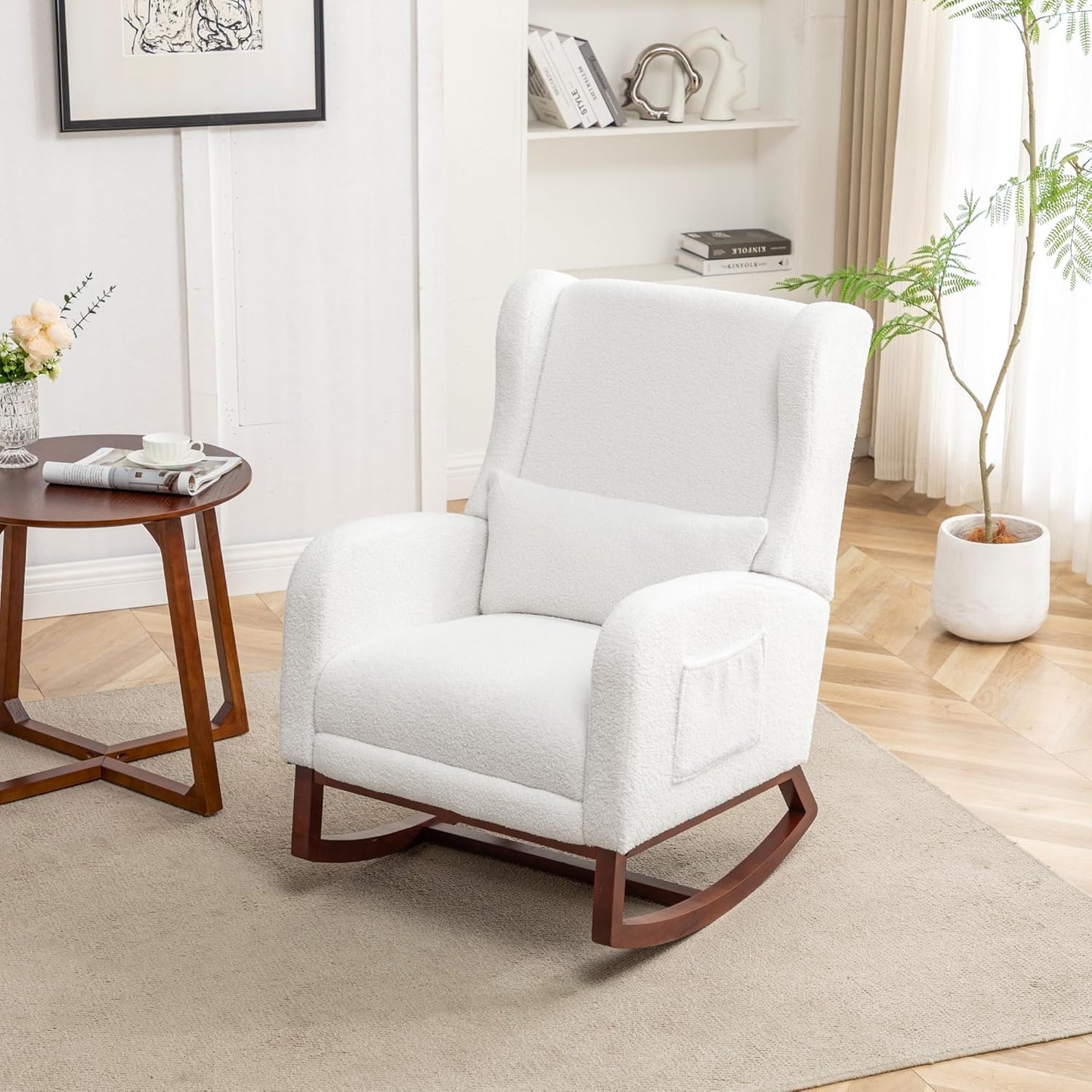 HCHAIRH Rocking Chair Nursery, Nursery Rocking Chairs with Foot Rest, Comfy Fabric Glider Rocker Nursing Chair with High Back for Nursing, Living Room, Bedroom, Beige