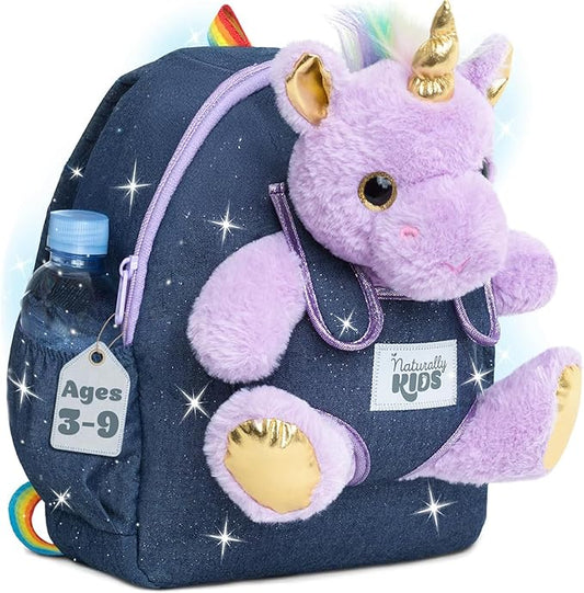 Naturally KIDS 【Upgraded】 Medium Backpack w Removable Purple Unicorn Toy for Girls Age 4-7 | Side&Inner Pockets, Reflective Logo, Sparkling Material | Unicorn Gifts for 5 Year Old Girls – Medium size