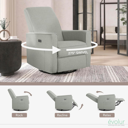 Evolur Harlow Upholstered Power Glider Recliner with USB Charging – Rocking & 275° Swivel with Smooth Glide – Greenguard Gold & FSC Certified – Modern Nursery and Living Room Chair in Light Sand