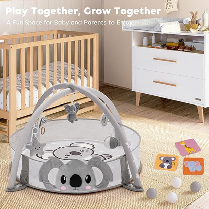 7-in-1 XL Large Baby Play Gym Mat, Tummy Time Mat, Baby Gym & Ball Pit, Baby Activity Mat with Milestone Cards & 6 Detachable Toys for Sensory Motor Skill, Grey Koala