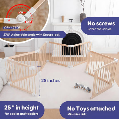 Foldable Wooden Baby Playpen Large Play Yard for Babies, 2-in-1 New Mom Helper Portable Fence, 25" Tall Custom Wood Gate with Adjustable Size & Shape for Infants 3-18 Months -63x63x25 inch