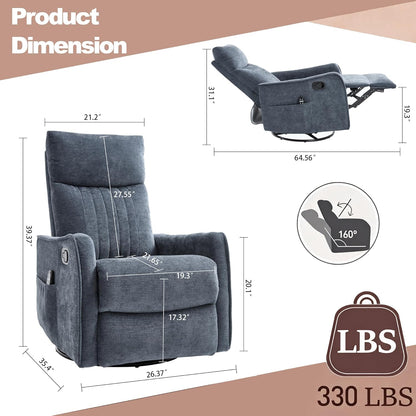 Casaphoria 360° Swivel Rocking Recliner Chair with Heat and Massage Upholstered Fabric Nursery Glider with Side Pocket for Living Room,Bedroom,Home Theater and RV Small Space(Light Gray)