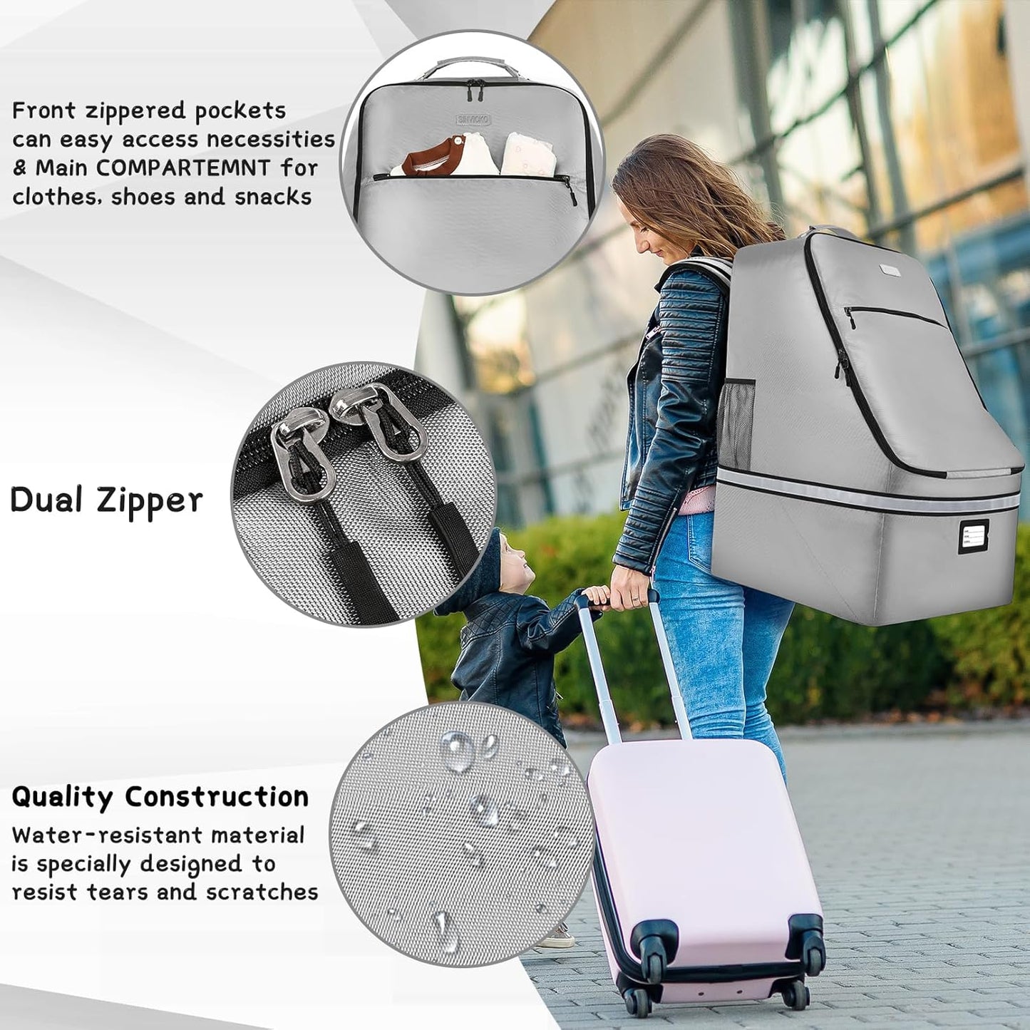 Car Seat Travel Bag,Padded Car Seats Backpack with Steel Cable Handle and Reflective Stripes, Large Durable Carseat Carrier Bag,Airport Gate Check Bag,Infant Seat Travel Bag with Shoulder Strap,Black