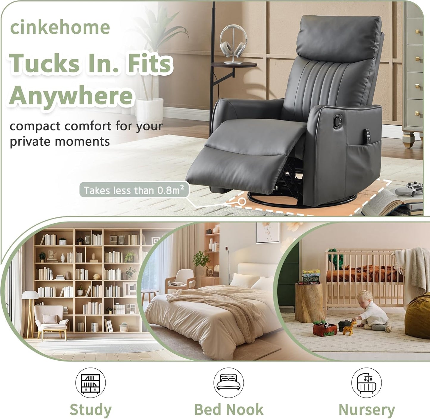 cinkehome Swivel Rocker Recliner, Glider Rocker Recliner Chair for Nursery, Manual Reclining Chair with Heated Massage, Small Spaces, Living Room, Khaki Chenille