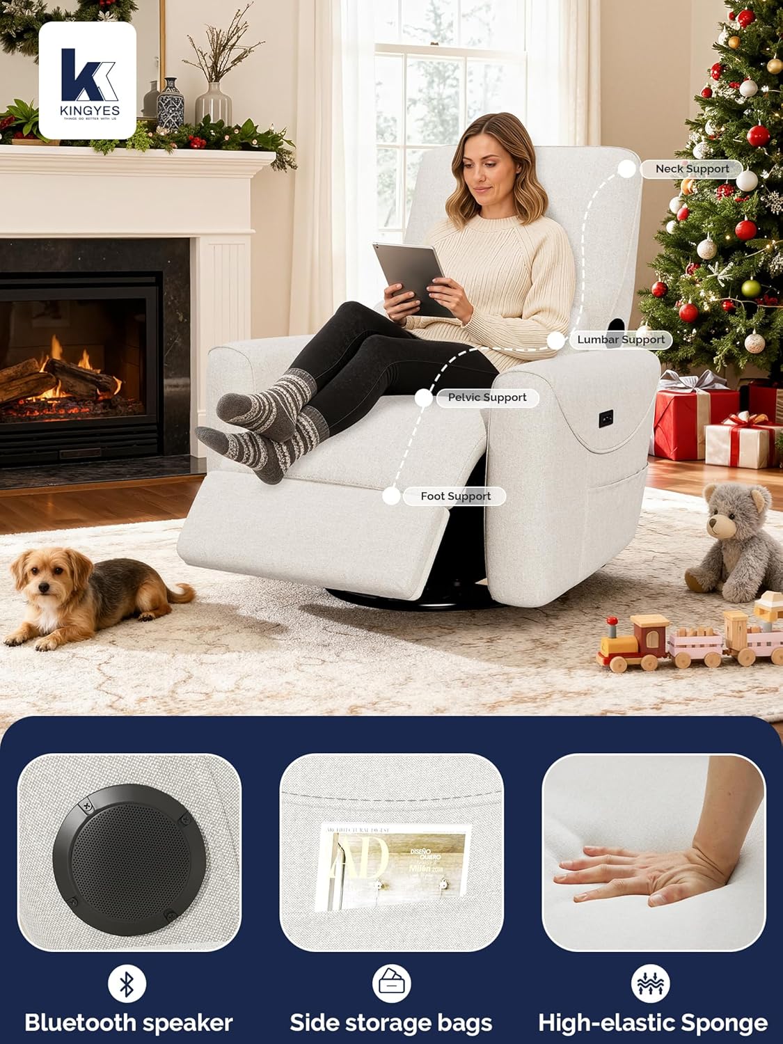 KINGYES Power Recliner Chair, 270° Swivel Glider, Living Room Recliner with USB-C Port, Nursery Rocking Chair, Gray