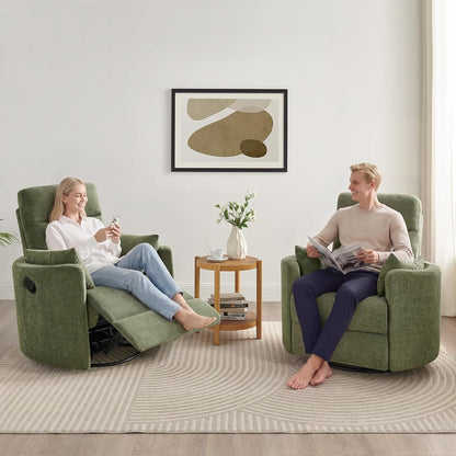 Nursery Rocking Chair, Oversized 360° Swivel Glider Recliner Chair, Upholstered Nursery Rocker with 2 Pillows and Footrest, Cozy Reclining Sofa for Living Room, Bedroom, Nursing, Olive