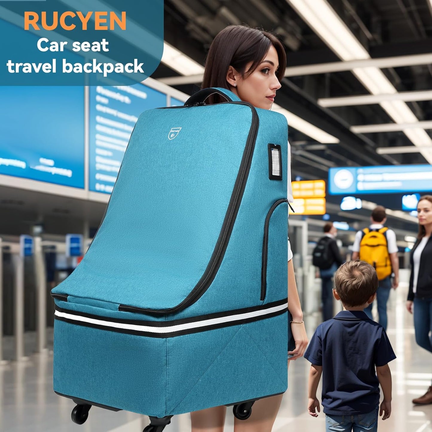 RUCYEN Rolling Car Seat Travel Bag, Padded Carseat Travel Backpack for Airplane,Large Durable Travel Bag with 4 Wheels,Adjustable Shoulder Strap and Waterproof Base Dark Grey