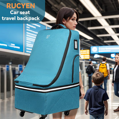 RUCYEN Rolling Car Seat Travel Bag, Padded Carseat Travel Backpack for Airplane,Large Durable Travel Bag with 4 Wheels,Adjustable Shoulder Strap and Waterproof Base Dark Grey