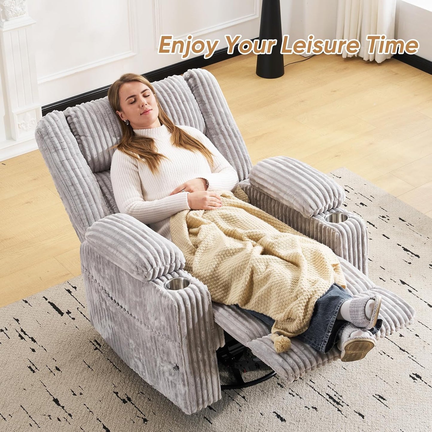 Oversized Power Recliner Chair with Massage and Heat, Swivel Rocker Recliner Chair for Adults with Arm Storage, Nursery Glider Recliner with Adjustable Headrest and Phone Stand, Side Pockets, Beige