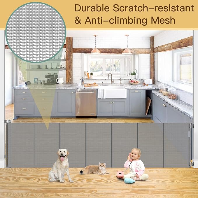 Reinforced 200 Inch Extra Long Baby Gate For Large Opening to Prevent Crawling Under, 16 ft Retractable Dog Gate for Doorway Extra Wide, Outdoor/Indoor Retractable Baby Fence to Separate Playroom,Gray