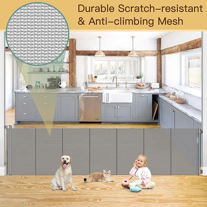 Reinforced 100 Inch Extra Long Baby Gates for Large Openings to Prevent Crawling Under, No Bottom Bar Extra Wide Retractable Baby Gate for Stairs, 8 ft Mesh Child Gate for Parent/Pet Owner Use, Gray