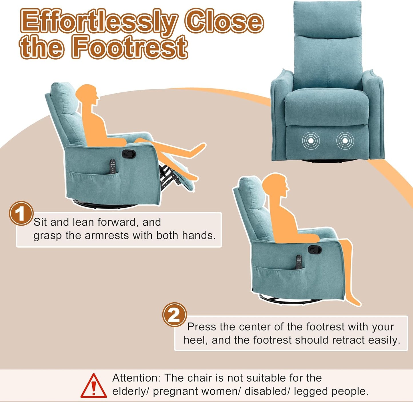 Manual 360° Swivel Rocker Recliner Chair for Adults, Overstuffed Glider Chair for Nursery with Vibration Massage and Heat, Comfy Soft Fabric Glider with Side Pockets for Living Room, Beige