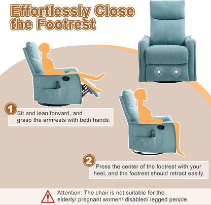 Manual 360° Swivel Rocker Recliner Chair for Adults, Overstuffed Glider Chair for Nursery with Vibration Massage and Heat, Comfy Soft Fabric Glider with Side Pockets for Living Room, Beige
