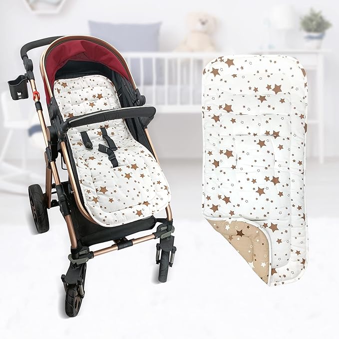 Baby Stroller Cushion,Infant Car Seat Insert-Reversible Universal Breathable and Soft Newborn seat Liner for Stroller,100% Cotton Seat Pad Liner for Newborns-34x78cm,1 Pack(White + Brown Stars)