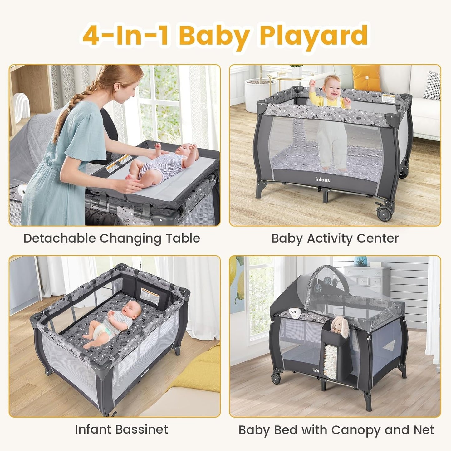 INFANS 4 in 1 Pack and Play, Portable Travel Baby Playard with Bassinet, Changing Table, Canopy, Mosquito Net, Hanging Toys, Music Box, Storage Bag, Large Playpen from Newborn to Toddlers (Pink)