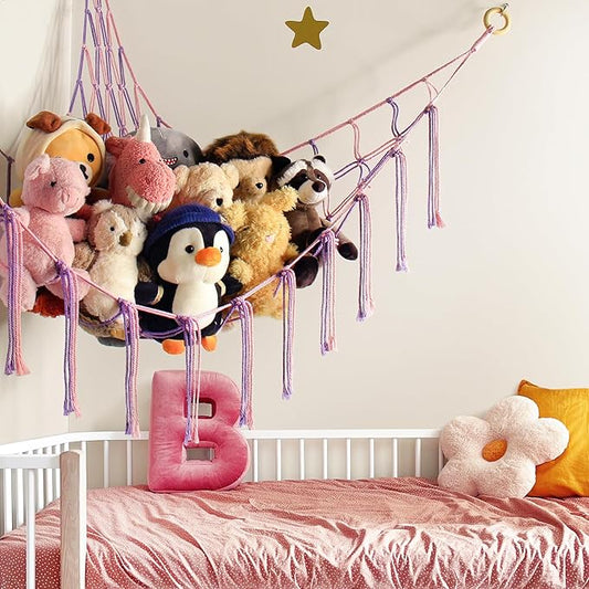 mirolam Large Stuffed Animal Hammock Corner Net for Toys Storage Hanging Stuff Animal Organizer Holder Pink Purle Girls Room Bedroom Boho Nursery Decor