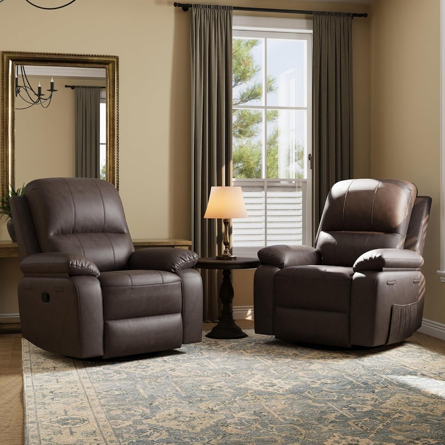 Leather Swivel Rocker Recliner Chair, Traditional Manual Chair, Upholstered Nursery Glider Rocking Recliner, Comfy Faux Leather Single Sofa with Pocket Spring for Living Room, Camel