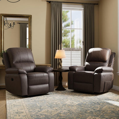 Leather Swivel Rocker Recliner Chair, Traditional Manual Chair, Upholstered Nursery Glider Rocking Recliner, Comfy Faux Leather Single Sofa with Pocket Spring for Living Room, Camel