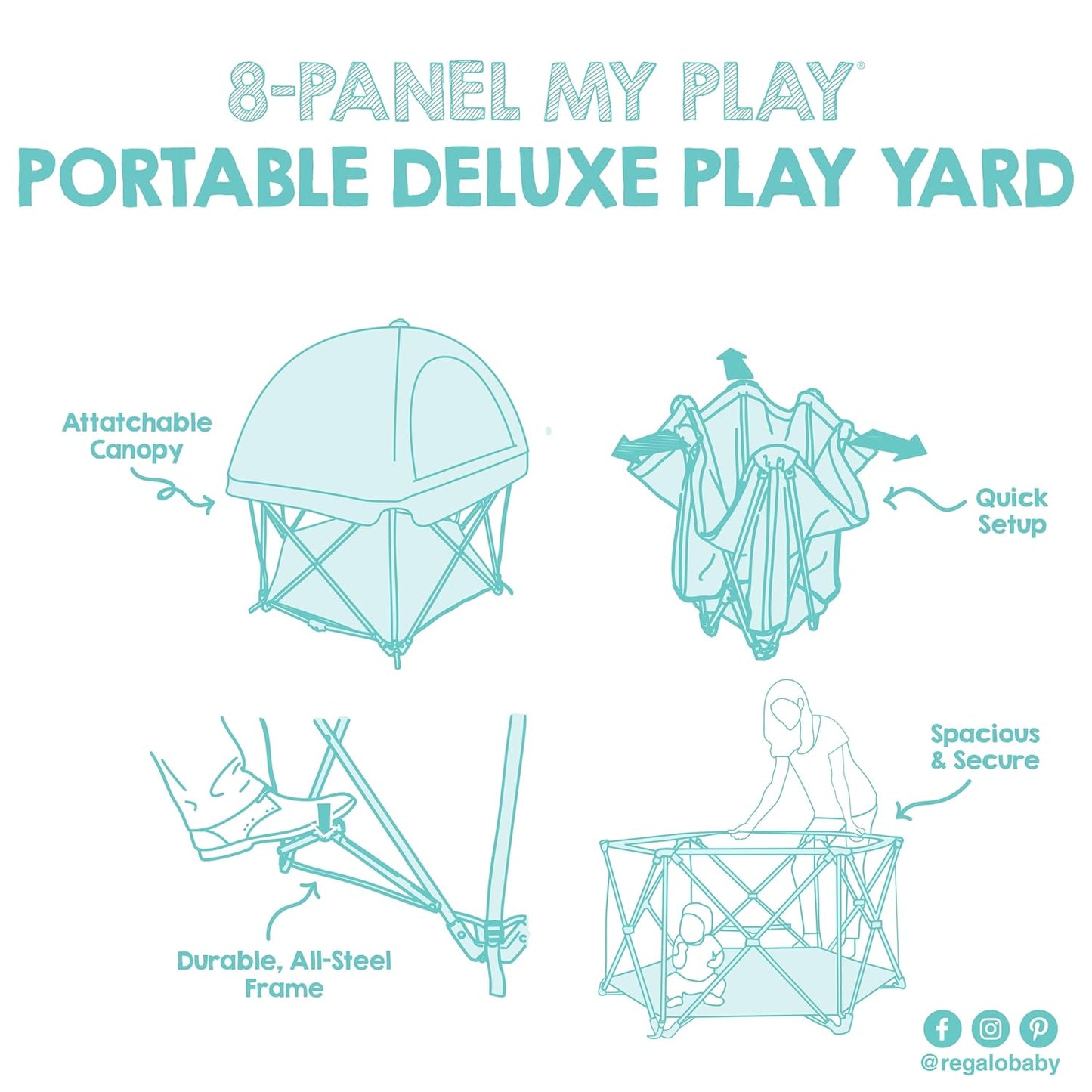 Regalo Safety My Play Deluxe Baby Playpen & Portable Play Yard with Canopy, Foldable 6-Panel Indoor Outdoor Playpen for Babies & Toddlers, Mesh Sides, Washable Nylon Bottom, 48", Aqua/Black
