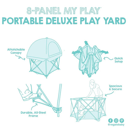 Regalo Safety My Play Deluxe Baby Playpen & Portable Play Yard with Canopy, Foldable 6-Panel Indoor Outdoor Playpen for Babies & Toddlers, Mesh Sides, Washable Nylon Bottom, 48", Aqua/Black