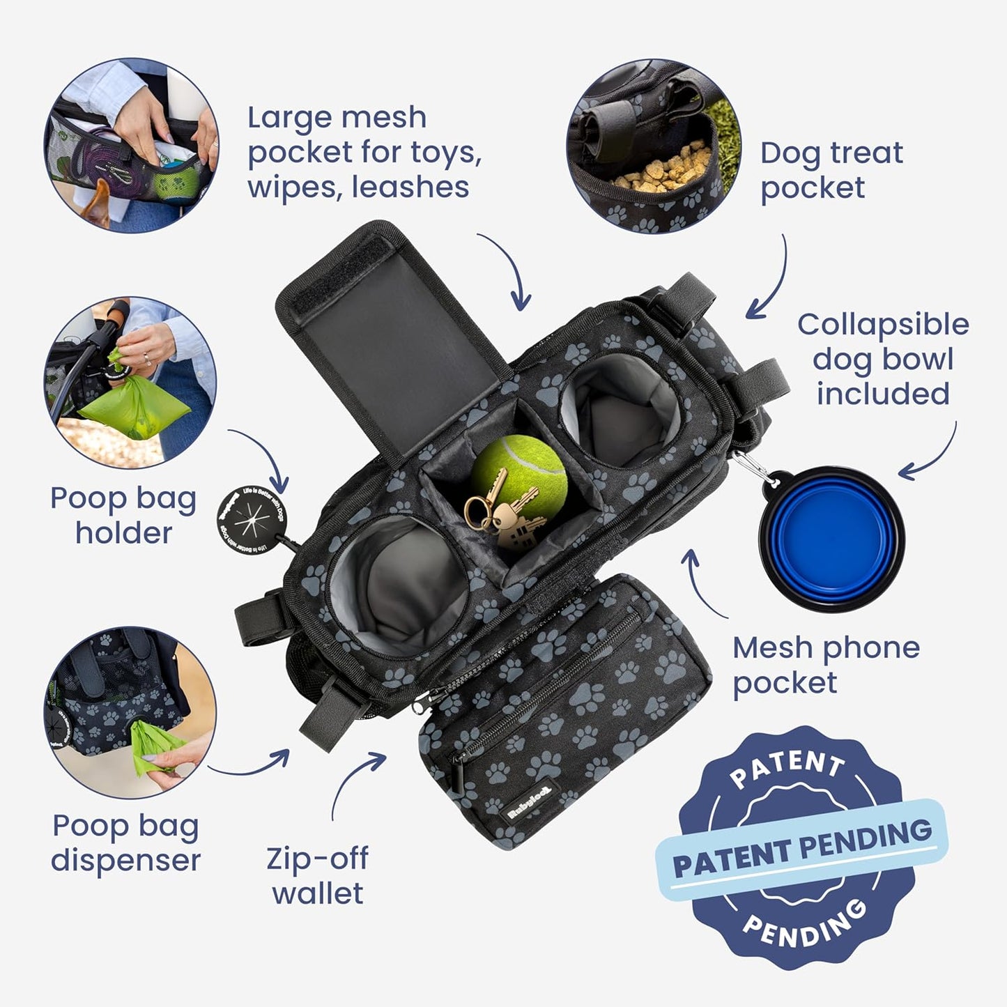 rubyloo Dog Stroller Caddy Organizer with Poop Bag Dispenser, Treat Pocket, Water Bowl – Dog Stroller Accessories with Insulated Cup Holders, Pet Storage & Non-Slip Fit for 14"-19" Wide Handlebars