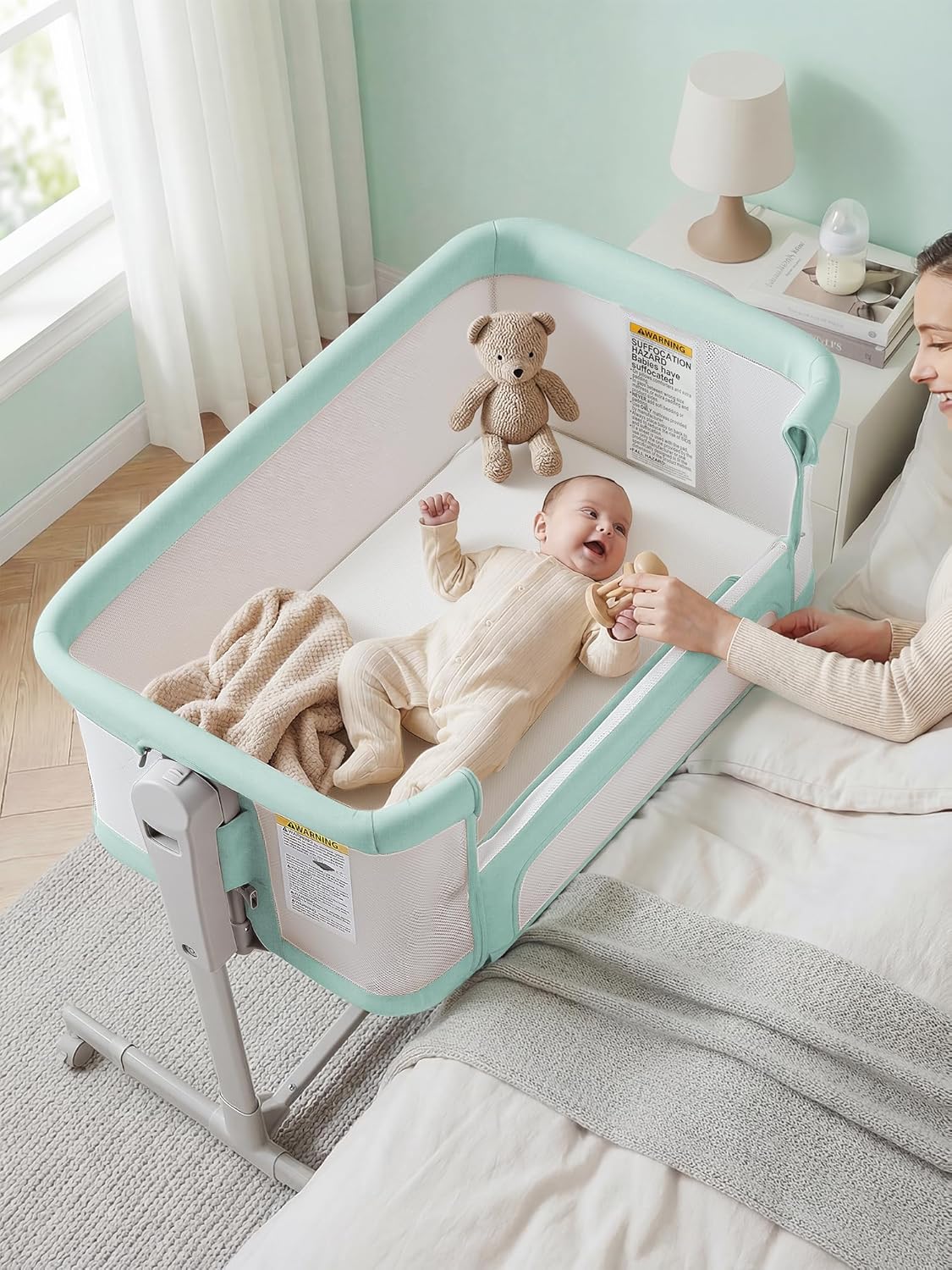 ONTHEWEI Baby Bassinet Bedside Sleeper 3-in-1, Easy Night Feeding with One-Side Fold & Rolling Wheels, Breathable Mesh, 6-Height Adjustable, Soft Mattress for Newborns