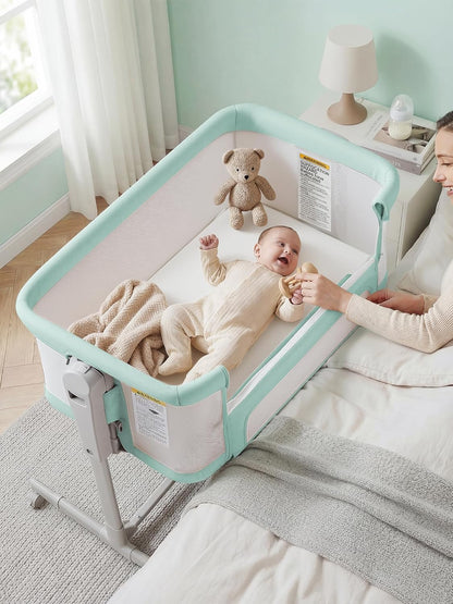 ONTHEWEI Baby Bassinet Bedside Sleeper 3-in-1, Easy Night Feeding with One-Side Fold & Rolling Wheels, Breathable Mesh, 6-Height Adjustable, Soft Mattress for Newborns
