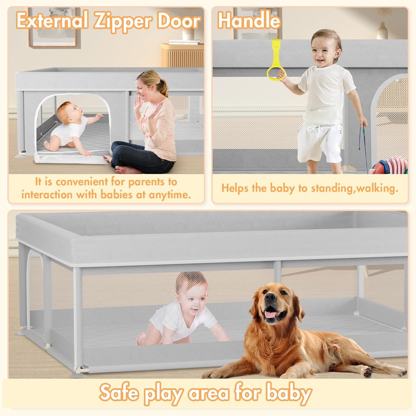 Omzer Baby Playpen with Mat 71"×59" - Extra Large Playpen for Babies and Toddlers with Mat Included, Safety Playard for Baby with Gate, All-Wrapped Soft Sponge Baby Gate Playpen with Stable Mat Velcro