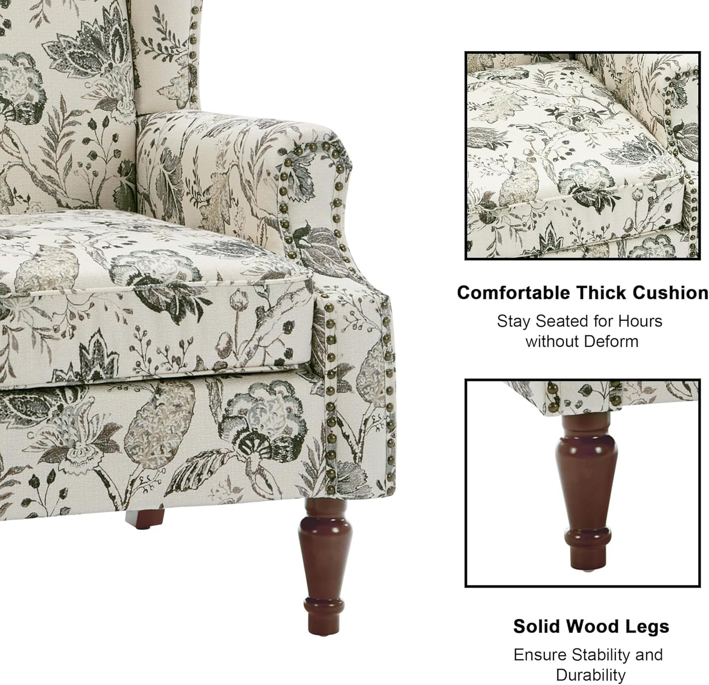 Swivel Rocker Recliner Chair, Manual Nursery Glider Recliner, Floral Fabric Wingback Accent Chair with Adjustable Backrest & Footrest for Small Spaces Living Room Bedroom (Plants Floral, Set of 1)