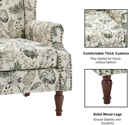 Swivel Rocker Recliner Chair, Manual Nursery Glider Recliner, Floral Fabric Wingback Accent Chair with Adjustable Backrest & Footrest for Small Spaces Living Room Bedroom (Plants Floral, Set of 1)