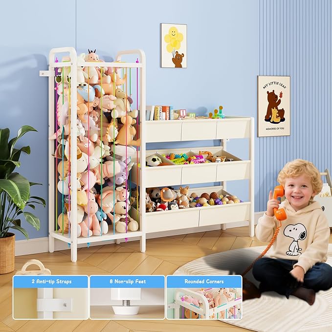 B6 Toy Storage Organizer with Stuffed Animal Storage, 3-Tier Wooden Shelves and 8 Bins, Toy Shelf Organizer, Kids Bookshelf and Toy Storage for Kids Room, Bedroom, Playroom, Nursery, White
