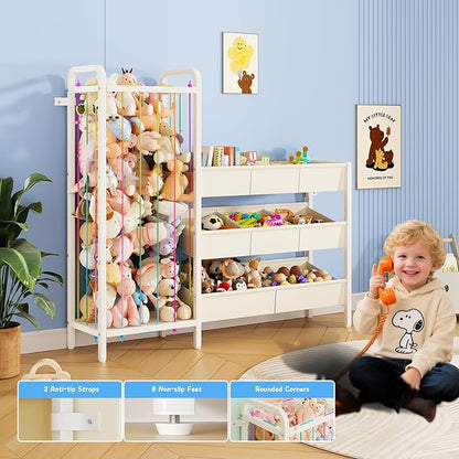 B6 Toy Storage Organizer with Stuffed Animal Storage, 3-Tier Wooden Shelves and 8 Bins, Toy Shelf Organizer, Kids Bookshelf and Toy Storage for Kids Room, Bedroom, Playroom, Nursery, White
