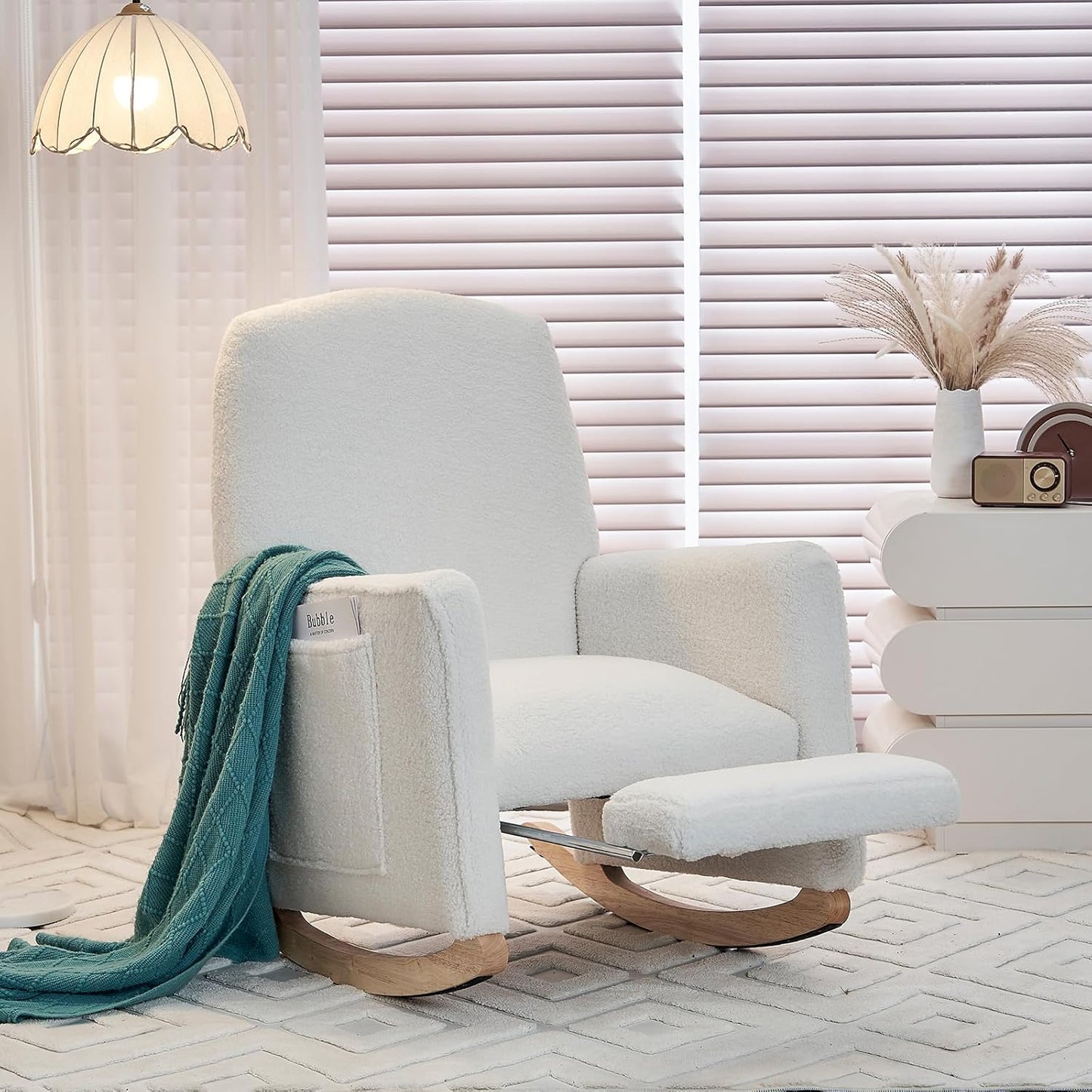 FOXHUNTER Rocking Chair Nursery with Adjustable Footrest and High Backrest, Upholstered Glider Chairs with Side Pockets for Nursery, Rocker Armchair Indoor for Living Room,Beige